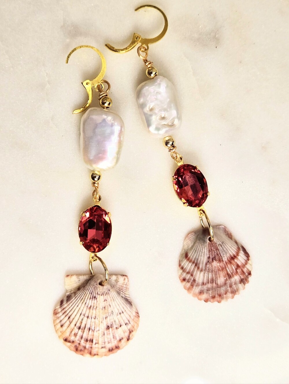 Luxury Pink Genuine Sea Shell & Pearl W/ Crystal In Pure Artisan Long Earrings